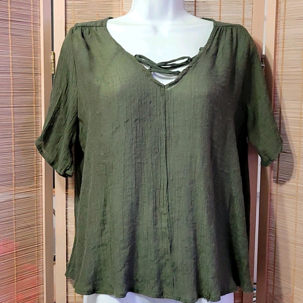 Olive green short sleeve lace front blouse